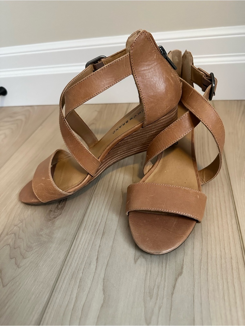 Lucky Brand Tan Leather Crisscross Wedge Sandals